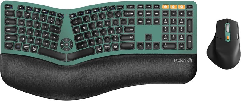 ProtoArc Ergonomic Wireless Keyboard Mouse, EKM01 Plus Full Size Ergo Bluetooth Keyboard Mouse Combo, Split Design, Wrist Rest, Multi-Device, Rechargeable, for Windows/Mac OS - Green - Image 1